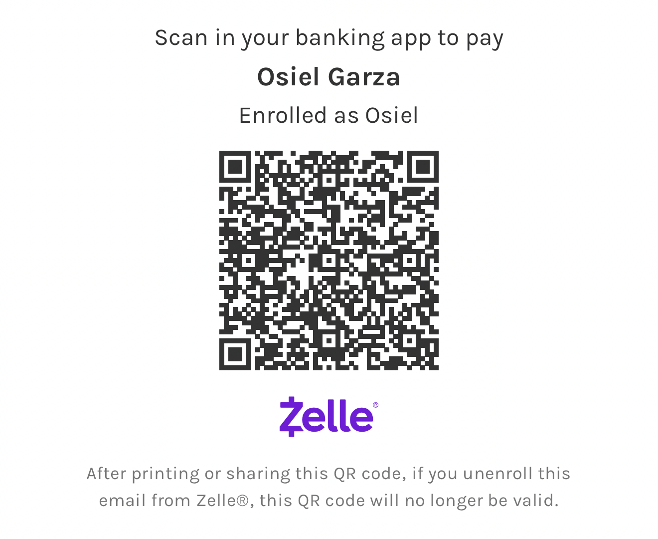Zelle QR code — scan in your banking app to send a donation to Osiel Garza